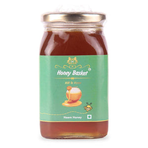 Neem Honey has anti-inflammatory properties, from honeybasket front side of the bottle